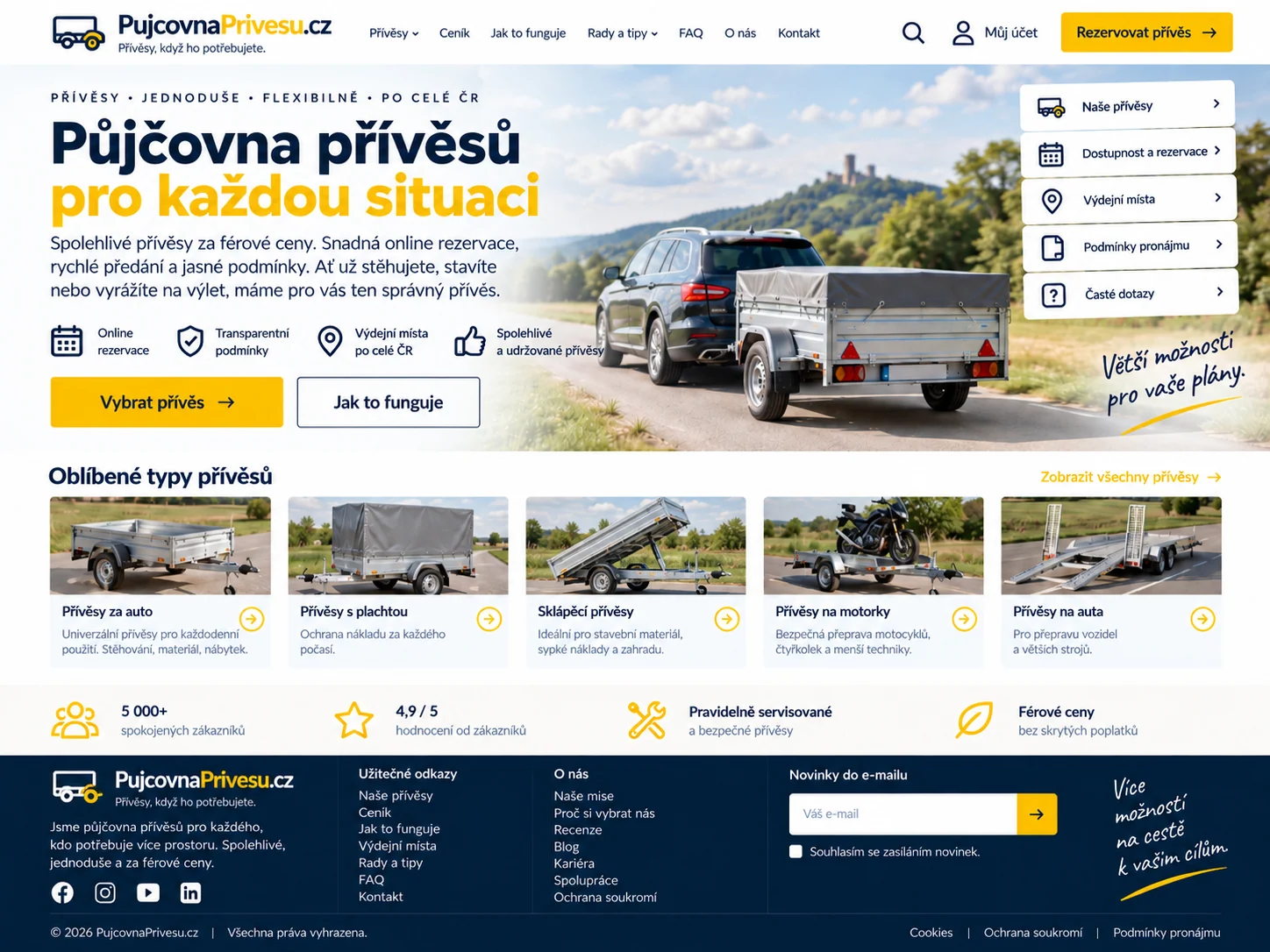 Ilustrační návrh webu půjčovny přívěsů s katalogem a rezervací